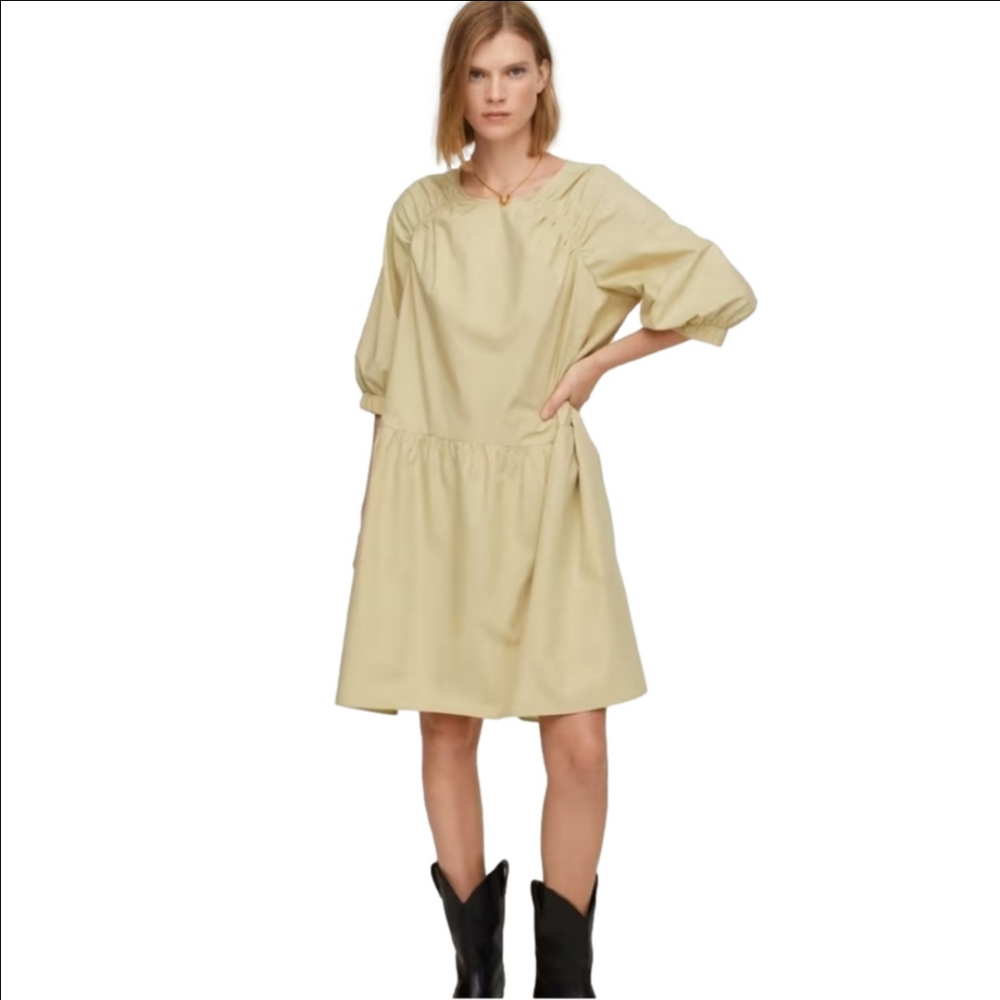 Mango Vestido Cotton Midi Assymetrical Tiered Ruched Dress Puffy Long Sleeve New